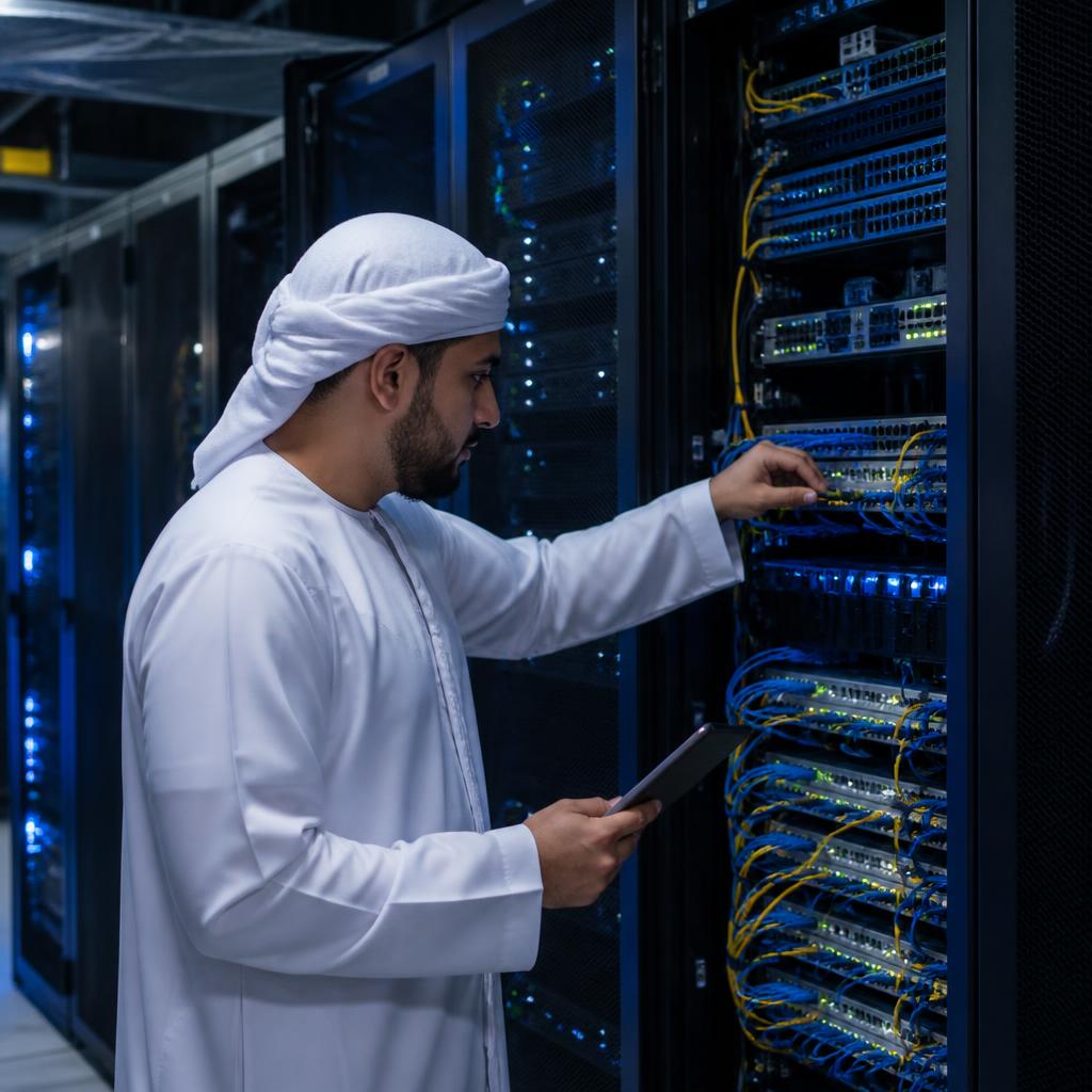 Network engineer inspecting enterprise server connections