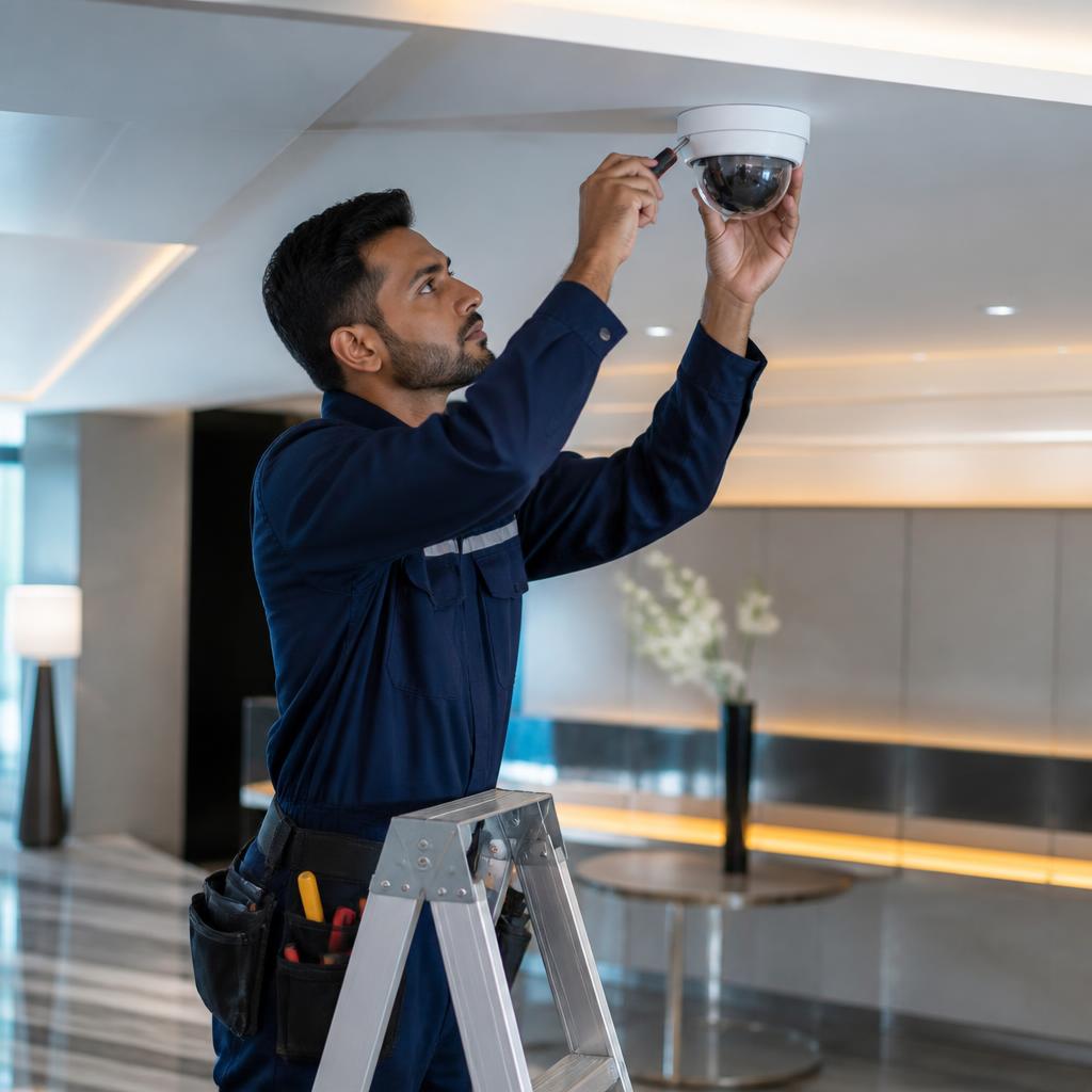 Engineer installing a CCTV security camera