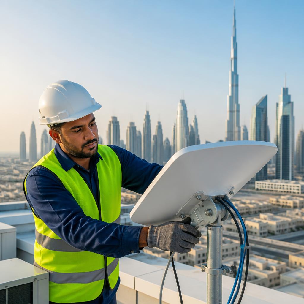 Technician installing a satellite internet dish